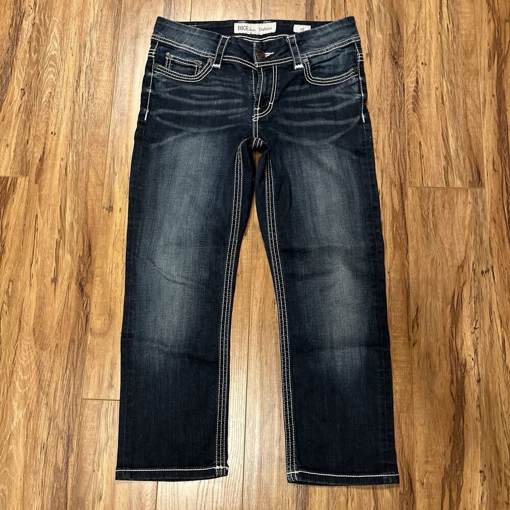 Buckle BKE Jeans Women's 28x24 Dakota Bootcut Blue Thick Stitch Denim Cropped